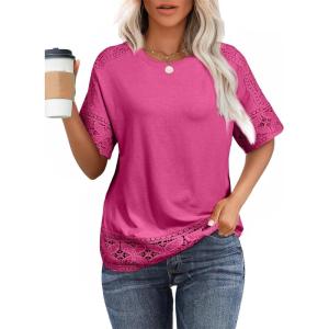imageEVALESS Womens Spring Tops Crewneck Short Sleeve Basic Tee Shirts Oversized Summer Outfits Dressy Casual Blouses 2025Rose Red