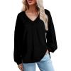 imageEVALESS V Neck Long Sleeve Shirts for Women Oversized Loose Casual Textured Knit Drop Sleeve Tops Black Large