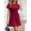 imageEVALESS Womens Spring Summer Dresses 2025 Casual Round Neck Ruffle Short Sleeve Flowy A Line Mini Dress with PocketsBurgundy