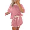 imageEVALESS Womens 2 Piece Sets Summer Casual Short Sleeve Tops Matching Drawstring Mini Skirt Going Out Lounge OutfitsRose Pink