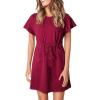 imageEVALESS Womens Spring Summer Dresses 2025 Casual Round Neck Ruffle Short Sleeve Flowy A Line Mini Dress with PocketsBurgundy