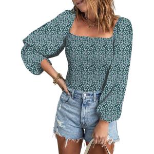 imageEVALESS Square Neck Tops Puff Long Sleeve Blouses for Women Dressy Casual Spring Fashion 202411 B Viridian Green