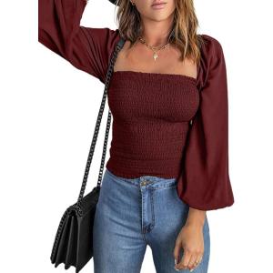 imageEVALESS Square Neck Tops Puff Long Sleeve Blouses for Women Dressy Casual Spring Fashion 202416 D Red