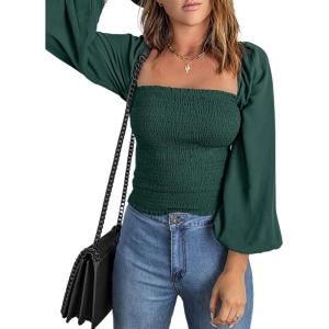 imageEVALESS Square Neck Tops Puff Long Sleeve Blouses for Women Dressy Casual Spring Fashion 202417 D Green