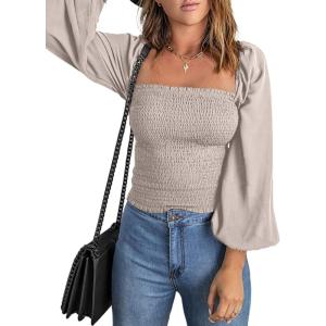 imageEVALESS Square Neck Tops Puff Long Sleeve Blouses for Women Dressy Casual Spring Fashion 202418 D Apricot