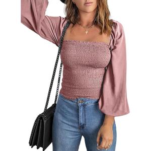 imageEVALESS Square Neck Tops Puff Long Sleeve Blouses for Women Dressy Casual Spring Fashion 202420 D Pink