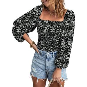 imageEVALESS Square Neck Tops Puff Long Sleeve Blouses for Women Dressy Casual Spring Fashion 20245 B Black