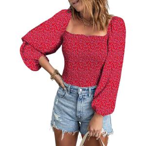 imageEVALESS Square Neck Tops Puff Long Sleeve Blouses for Women Dressy Casual Spring Fashion 20246 B Red