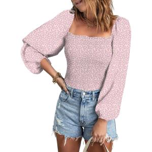 imageEVALESS Square Neck Tops Puff Long Sleeve Blouses for Women Dressy Casual Spring Fashion 20248 B Pink