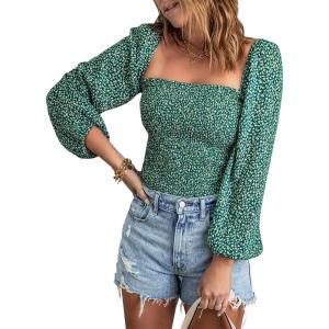 imageEVALESS Square Neck Tops Puff Long Sleeve Blouses for Women Dressy Casual Spring Fashion 2024Green
