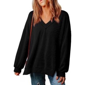 imageEVALESS V Neck Long Sleeve Shirts for Women Oversized Loose Casual Textured Knit Drop Sleeve Tops Black Large