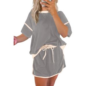 imageEVALESS Womens 2 Piece Sets Summer Casual Short Sleeve Tops Matching Drawstring Mini Skirt Going Out Lounge OutfitsGrey