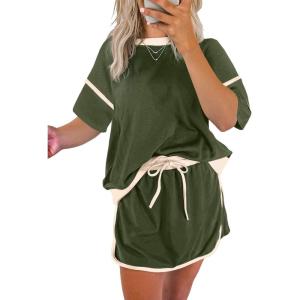 imageEVALESS Womens 2 Piece Sets Summer Casual Short Sleeve Tops Matching Drawstring Mini Skirt Going Out Lounge OutfitsMoss Green
