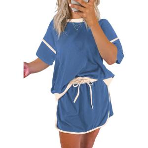imageEVALESS Womens 2 Piece Sets Summer Casual Short Sleeve Tops Matching Drawstring Mini Skirt Going Out Lounge OutfitsNavy Blue