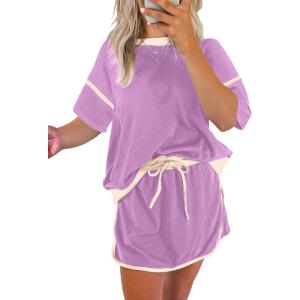 imageEVALESS Womens 2 Piece Sets Summer Casual Short Sleeve Tops Matching Drawstring Mini Skirt Going Out Lounge OutfitsOrchid Petal