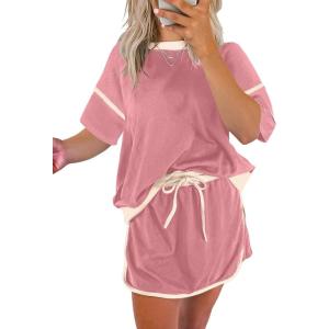 imageEVALESS Womens 2 Piece Sets Summer Casual Short Sleeve Tops Matching Drawstring Mini Skirt Going Out Lounge OutfitsRose Pink