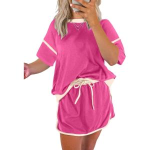 imageEVALESS Womens 2 Piece Sets Summer Casual Short Sleeve Tops Matching Drawstring Mini Skirt Going Out Lounge OutfitsRose Red