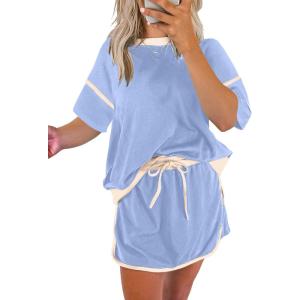 imageEVALESS Womens 2 Piece Sets Summer Casual Short Sleeve Tops Matching Drawstring Mini Skirt Going Out Lounge OutfitsSky Blue