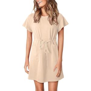 imageEVALESS Womens Spring Summer Dresses 2025 Casual Round Neck Ruffle Short Sleeve Flowy A Line Mini Dress with PocketsApricot