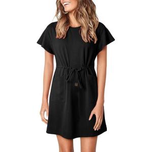 imageEVALESS Womens Spring Summer Dresses 2025 Casual Round Neck Ruffle Short Sleeve Flowy A Line Mini Dress with PocketsBlack