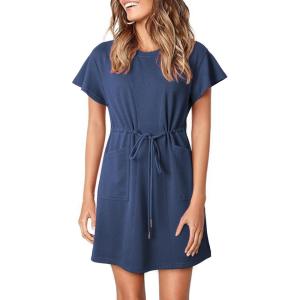 imageEVALESS Womens Spring Summer Dresses 2025 Casual Round Neck Ruffle Short Sleeve Flowy A Line Mini Dress with PocketsBlue
