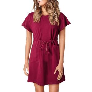 imageEVALESS Womens Spring Summer Dresses 2025 Casual Round Neck Ruffle Short Sleeve Flowy A Line Mini Dress with PocketsBurgundy