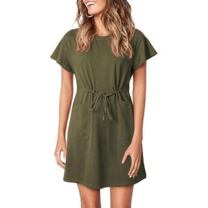 imageEVALESS Womens Spring Summer Dresses 2025 Casual Round Neck Ruffle Short Sleeve Flowy A Line Mini Dress with PocketsMoss Green