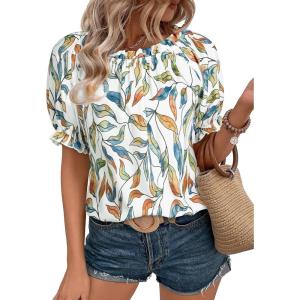 imageEVALESS Womens Tops Off The Shoulder Blouses for Women Dressy Casual Cute Puff Sleeve T Shirts Fashion 2025Colorful Leaf