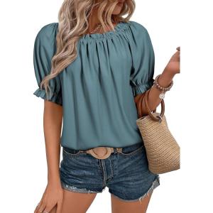 imageEVALESS Womens Tops Off The Shoulder Blouses for Women Dressy Casual Cute Puff Sleeve T Shirts Fashion 2025Prussian Blue