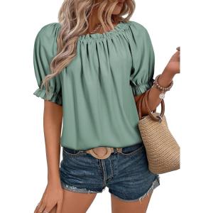 imageEVALESS Womens Tops Off The Shoulder Blouses for Women Dressy Casual Cute Puff Sleeve T Shirts Fashion 2025Turquoise Green