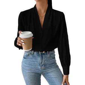 imageEVALESS Work Blouses for Women Long Sleeve Blouses Business Spring Top Womens V Neck Office ShirtsB Black