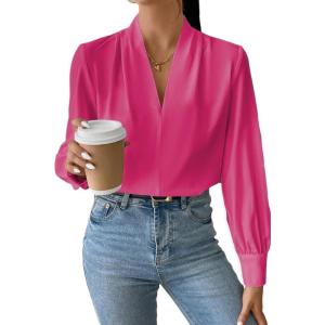 imageEVALESS Work Blouses for Women Long Sleeve Blouses Business Spring Top Womens V Neck Office ShirtsB Rose