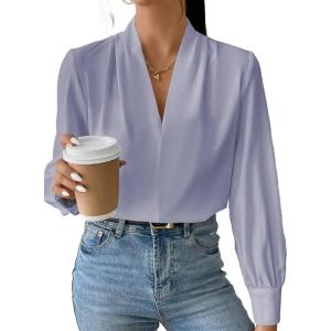 imageEVALESS Work Blouses for Women Long Sleeve Blouses Business Spring Top Womens V Neck Office ShirtsB Sky Blue