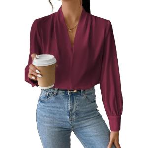 imageEVALESS Work Blouses for Women Long Sleeve Blouses Business Spring Top Womens V Neck Office ShirtsD Red