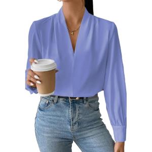 imageEVALESS Work Blouses for Women Long Sleeve Blouses Business Spring Top Womens V Neck Office ShirtsD Sky Blue