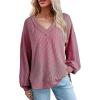 imageEVALESS V Neck Long Sleeve Shirts for Women Oversized Loose Casual TextuDark Purple Knit Drop Sleeve Tops Dark Purple Large