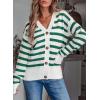 imageEVALESS Womens Striped Cardigan Sweaters Long Sleeve V Neck Lightweight Open Front Button Down Knit Cardigans00 Green Stripe