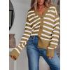 imageEVALESS Womens Striped Cardigan Sweaters Long Sleeve V Neck Lightweight Open Front Button Down Knit CardigansKhaki Stripe