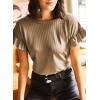 imageEVALESS Womens Summer Casual Short Sleeve Tops Ruffle Basic T Shirts Round Neck Solid Knit Loose Fit Tee BlousesLight Brown