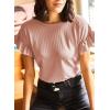 imageEVALESS Womens Summer Casual Short Sleeve Tops Ruffle Basic T Shirts Round Neck Solid Knit Loose Fit Tee BlousesPink