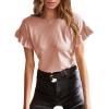 imageEVALESS Womens Summer Casual Short Sleeve Tops Ruffle Basic T Shirts Round Neck Solid Knit Loose Fit Tee BlousesPink