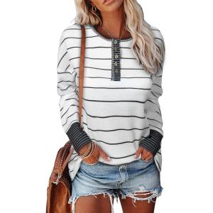 imageEVALESS Long Sleeve Tops for Women Trendy Striped Button Up Tunic Shirts Loose Fit Sexy Henley Tee Blouses1b White