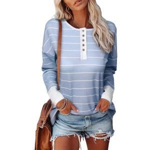 imageEVALESS Long Sleeve Tops for Women Trendy Striped Button Up Tunic Shirts Loose Fit Sexy Henley Tee Blouses3b Sky Blue
