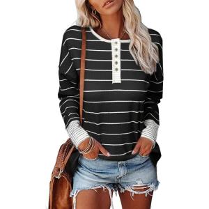 imageEVALESS Long Sleeve Tops for Women Trendy Striped Button Up Tunic Shirts Loose Fit Sexy Henley Tee Blouses5b Black