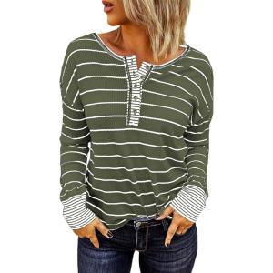 imageEVALESS Long Sleeve Tops for Women Trendy Striped Button Up Tunic Shirts Loose Fit Sexy Henley Tee BlousesB Green