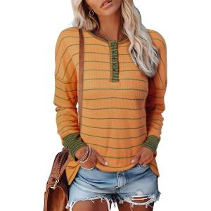 imageEVALESS Long Sleeve Tops for Women Trendy Striped Button Up Tunic Shirts Loose Fit Sexy Henley Tee BlousesB Orange