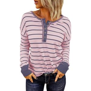 imageEVALESS Long Sleeve Tops for Women Trendy Striped Button Up Tunic Shirts Loose Fit Sexy Henley Tee BlousesB Pink