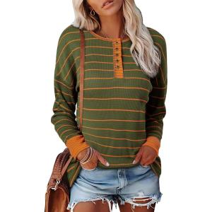 imageEVALESS Long Sleeve Tops for Women Trendy Striped Button Up Tunic Shirts Loose Fit Sexy Henley Tee BlousesB Stripes