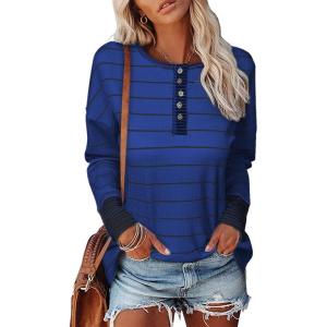 imageEVALESS Long Sleeve Tops for Women Trendy Striped Button Up Tunic Shirts Loose Fit Sexy Henley Tee BlousesD Blue