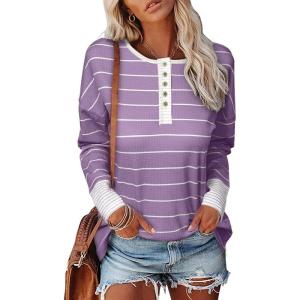 imageEVALESS Long Sleeve Tops for Women Trendy Striped Button Up Tunic Shirts Loose Fit Sexy Henley Tee BlousesD Purple